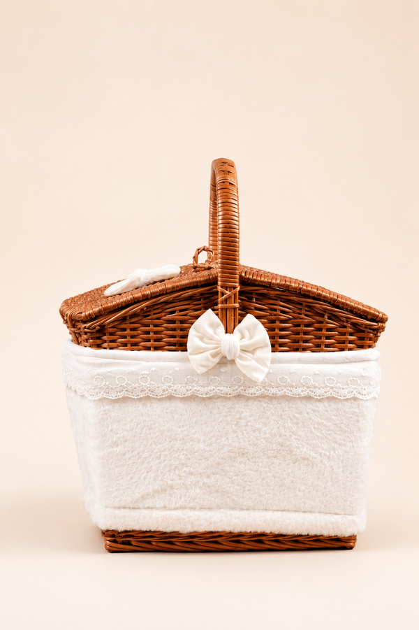 Round Cane Basket, white plush fur lining, front view